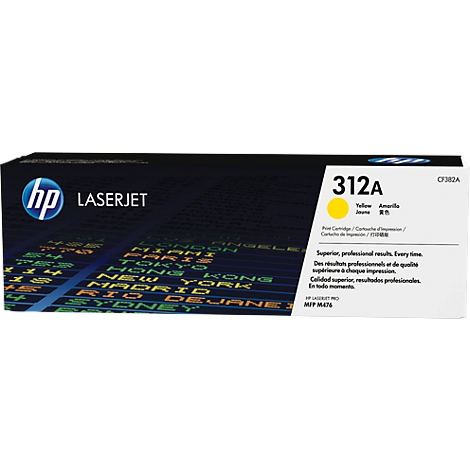 Gelbe HP 312A Tonerkartusche. Text: 'LASERJET'. Aufdruck: 'Yellow'.
