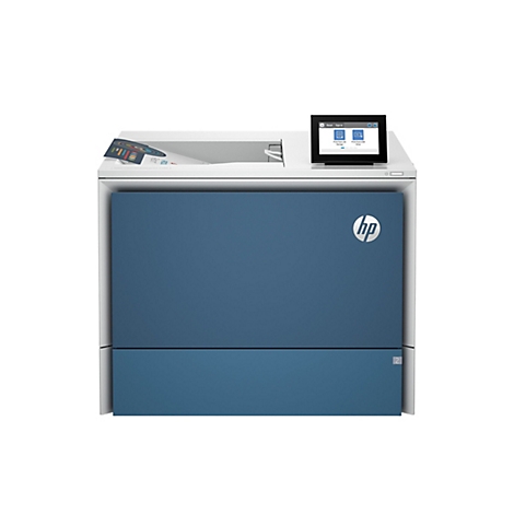 Blau-weißer HP-Farblaserdrucker. Auf dem Display sind Optionen wie „Drucken von Job Storage“ und „Drucken von USB-Laufwerk“ zu sehen.