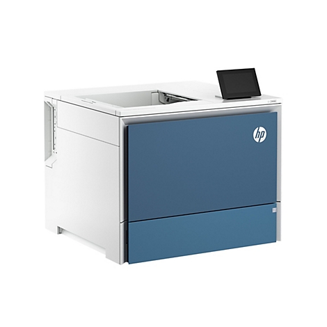Drucker, weiß und blau. Auf dem Drucker befindet sich ein Touchscreen.
