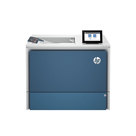 Blau-weißer HP-Drucker, Display mit Optionen wie „Drucken vom Job-Speicher“ und „Drucken vom USB-Laufwerk“.