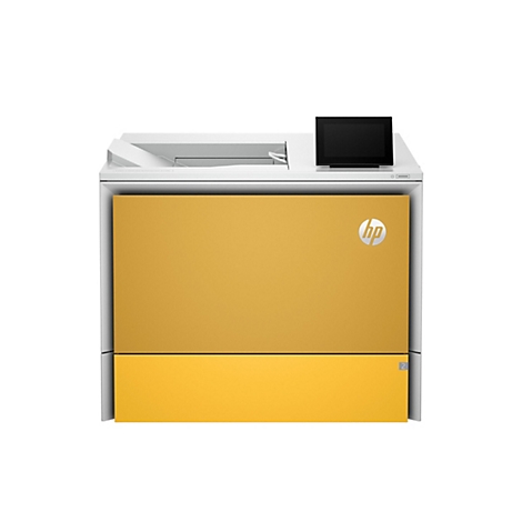 Gelber HP-Farblaserdrucker mit schwarzem Bedienfeld. Das HP-Logo ist auf der Vorderseite zu sehen.