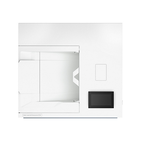 Weißer Drucker, rechteckiges Bedienfeld, Display und ein kleines Fenster.