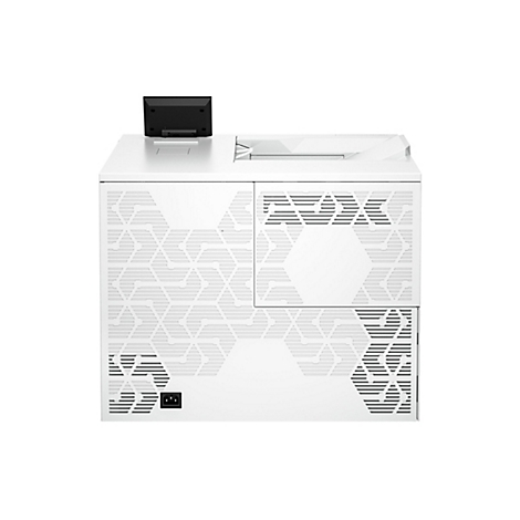 Weißes Gerät mit schwarzem Display und geometrischem Muster. Auf dem Gerät ist ein schwarzes Display platziert.