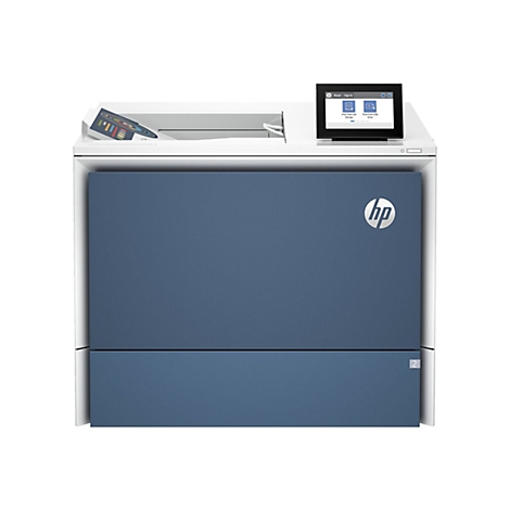 Blauer HP-Laserdrucker mit Touchscreen und Anzeigeoptionen. Eine farbige Grafik wird in einem Dokumentenausgabefach angezeigt.