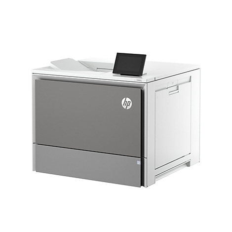 Grau-weißer Drucker mit einem Touchscreen, HP Logo und Papierschacht.