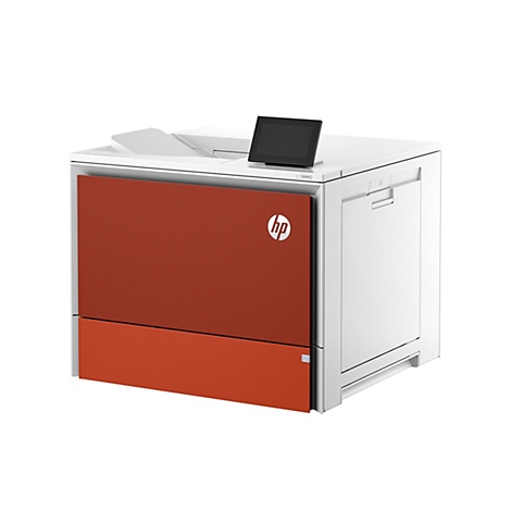 HP-Farblaserdrucker, weiß und orange. Touchscreen-Display oben. HP-Logo auf der Seite.
