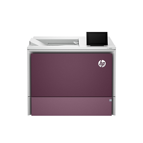 Ein weiß-violett-farbiger Drucker auf weißem Hintergrund. Oben ein schwarzes Display, darunter das HP Logo.