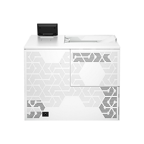 Ein weißer Drucker mit schwarzem Display. Die Vorderseite ist mit einem geometrischen Muster versehen, das durch Aussparungen in der Oberfläche entsteht. An der unteren rechten Seite befindet sich ein Stromanschluss.