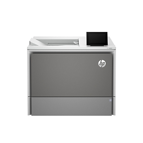 Grauer HP-Drucker, mit Bedienfeld oben rechts. HP-Logo mittig.