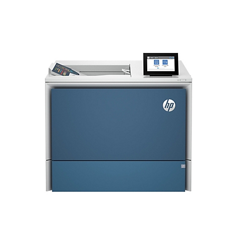 Blau-weißer Drucker mit Touchscreen und HP Logo. Der Bildschirm zeigt Optionen zum Drucken.