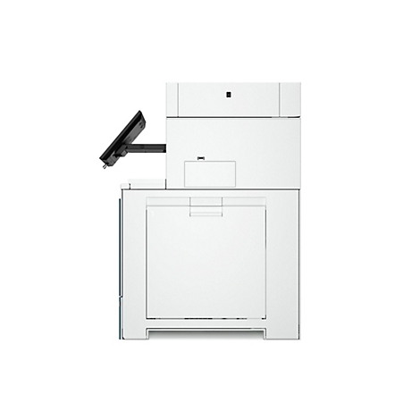 Weißer Büro-Multifunktionsdrucker in Vorderansicht vor weißem Hintergrund.