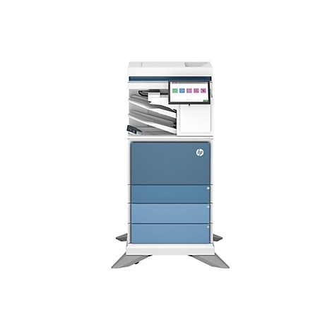 Ein weißer HP Multifunktionsdrucker mit blauen Papierfächern vor einem weißen Hintergrund.