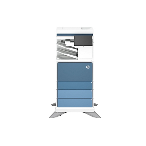 Großer, weiß-blauer HP Büro-Multifunktionsdrucker mit drei Papierfächern und Touchscreen vor weißem Hintergrund.