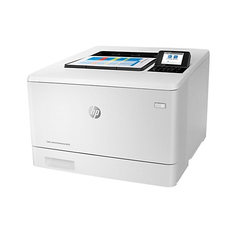 Ein weißer HP Color LaserJet Enterprise M455 Drucker mit Dokumenten und Display. Auf dem Display ist "Job Storage USB Drive" angezeigt.