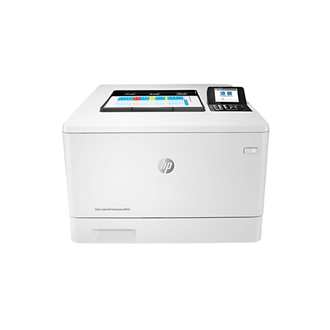 Ein weißer HP Color LaserJet Enterprise M455 Drucker mit Bedienfeld und eingeschaltetem Ein/Aus-Knopf.
