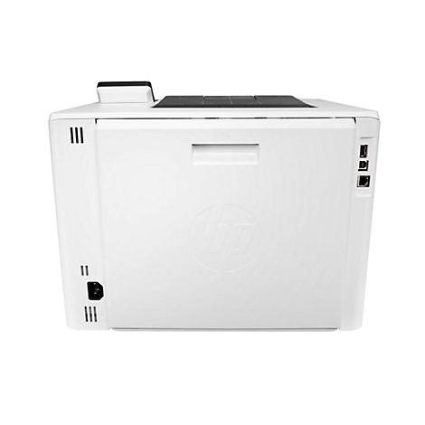 Rückansicht eines weißen HP-Druckers mit Logo. Oben befindet sich ein schwarzes Element, unten Anschlüsse.