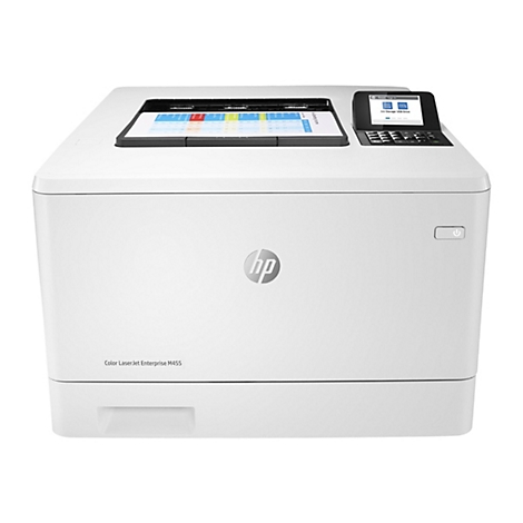 Weißer HP Color LaserJet Enterprise M455 Drucker. Auf dem oberen Bereich ist ein Touchscreen-Display und ein Blatt Papier zu sehen.