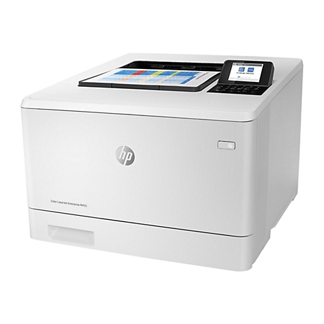 Weißer Drucker mit HP-Logo, Papierausgabe und Bedienfeld. Auf dem Papier farbige Diagramme. Kleines Display mit Text.