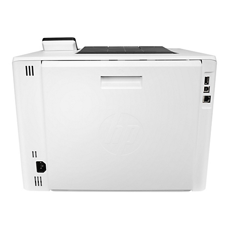 Rückansicht eines weißen HP-Laserdruckers. Auf der rechten Seite sind verschiedene Anschlüsse sichtbar, das HP-Logo mittig, oben ein schwarzer Lüfter.