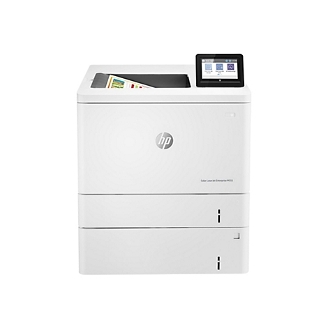 Weißer Drucker, ein HP Color LaserJet Enterprise M555. Oben befindet sich ein Touchscreen-Bedienfeld, darunter das HP-Logo.