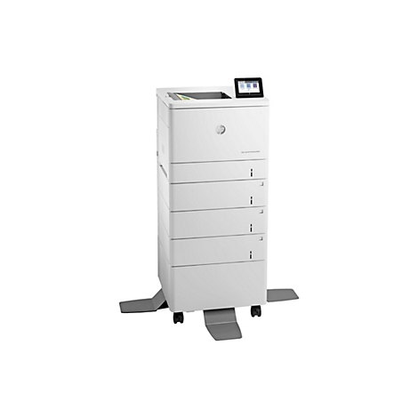 Weißer Drucker, Hewlett Packard, mit Touchscreen, Papierausgabe, auf Rollen. Auf dem Gerät befindet sich der Schriftzug HP.