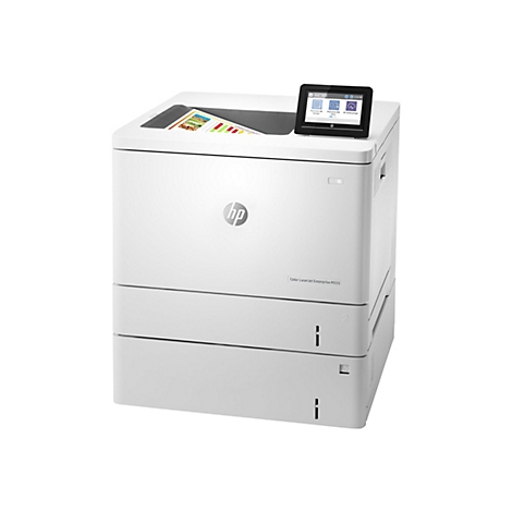 Ein weißer HP Color LaserJet Enterprise M555 Drucker. Auf dem oberen Teil liegt ein Blatt Papier mit farbigem Ausdruck. Das Bedienfeld zeigt mehrere Optionen an.