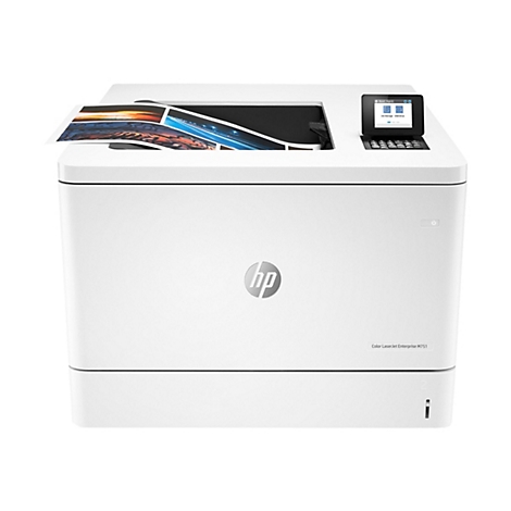 Ein weißer HP-Farblaserdrucker mit Bedienfeld und Ausdruck. Auf dem Bedienfeld steht "Job Storage USB Drive".