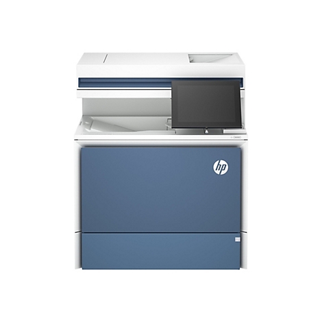 Ein weiß-blaues HP-Multifunktionsdrucker-Gerät. Ein großer Touchscreen und das HP Logo sind sichtbar.