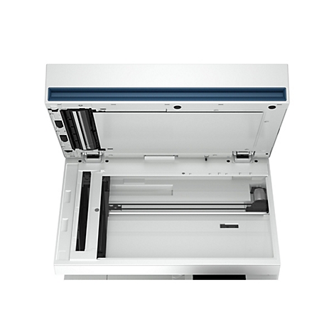Draufsicht auf einen weißen Scanner mit geöffnetem Deckel, Details in Blau und Schwarz. Der Scanner steht vor weißem Hintergrund.