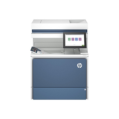 Ein weiß-blaues Multifunktionsgerät mit Touchscreen und HP-Logo. Auf dem Display Copy, Scan, Print und Fax auswählbar.