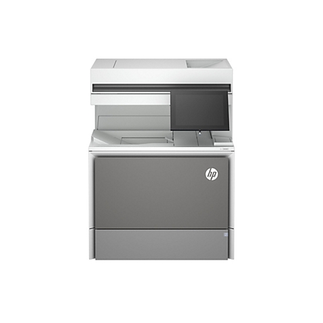 Ein weiß-grauer Drucker. Ein schwarzes Display ist in die Vorderseite integriert, darunter das HP-Logo.