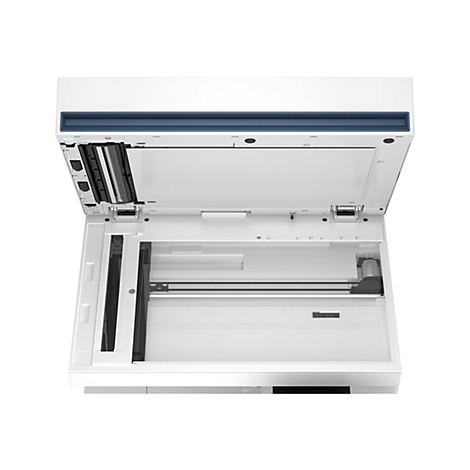 Draufsicht eines weißen Scanners mit blauem Detail. Die Scannerabdeckung ist geöffnet.