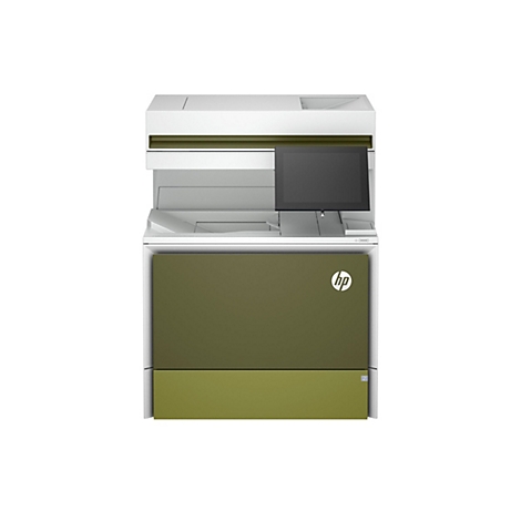 Ein weiß-grüner Drucker mit großem Bildschirm und HP-Logo.