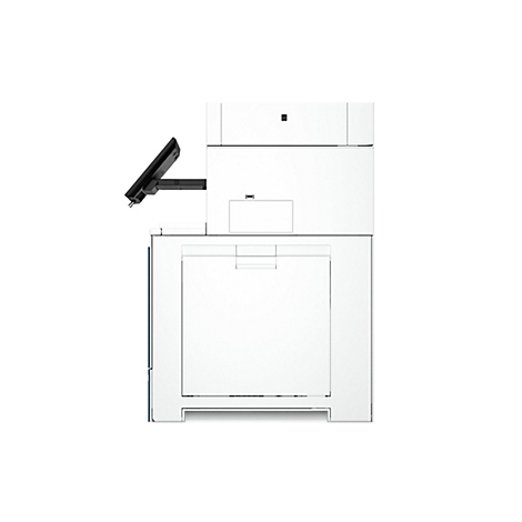 Weißer Drucker mit schwarzem Bildschirm und Papierfach.