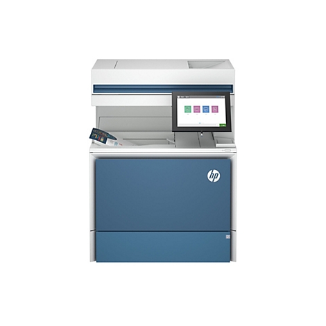 Blau-weißer HP-Multifunktionsdrucker. Auf dem Touchscreen: Kopieren, Scannen, Drucken, Faxen.