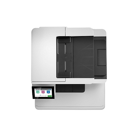 Draufsicht auf einen weißen Drucker mit schwarzem Touchscreen. Der Bildschirm zeigt Optionen für Kopieren, Scannen und Drucken an. Der Drucker hat eine obere Klappe und eine Eingabeschublade.