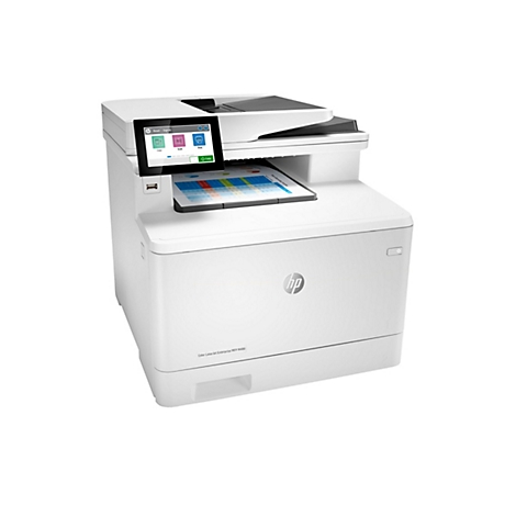 Ein weißer HP Color LaserJet Enterprise MFP M480 Drucker. Auf dem Touchscreen-Display sind Kopieren, Scannen und Drucken-Funktionen zu sehen.
