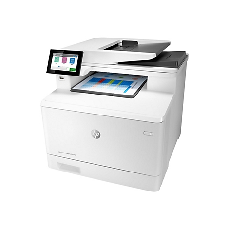 Weißer HP-Multifunktionsdrucker. Auf dem Touchscreen werden Optionen wie Kopieren und Scannen angezeigt. Ein Blatt mit Diagrammen liegt im Ausgabeschacht.