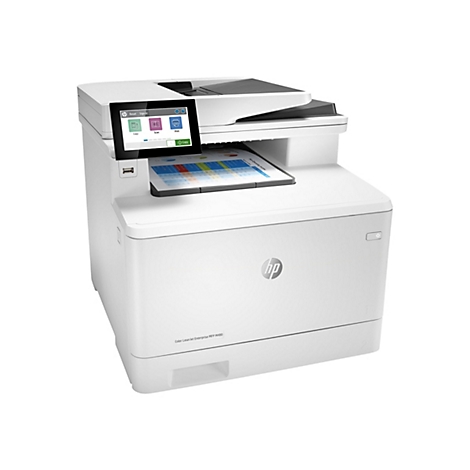 Weißer HP-Multifunktionsdrucker. Auf dem Touchscreen werden Optionen wie 'Kopieren', 'Scannen' und 'Drucken' angezeigt. Ein Blatt mit bunten Diagrammen wird gedruckt.