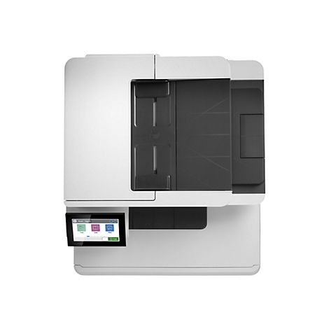 Draufsicht auf einen weißen Drucker mit Touchscreen-Bedienfeld.