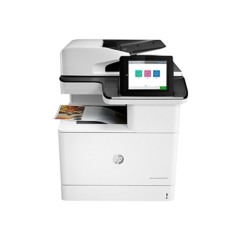 Weißer HP Color LaserJet Enterprise MFP M776 Drucker mit Touchscreen. Auf dem Bildschirm sind die Optionen Kopieren, Scannen und Drucken zu sehen.