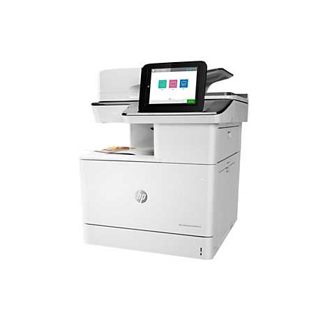 Weißer HP Farblaserdrucker mit Touchscreen. Auf dem Bildschirm sind Symbole für Kopieren, Scannen und Drucken zu sehen. Die Uhrzeit wird als 14:41 Uhr angezeigt.