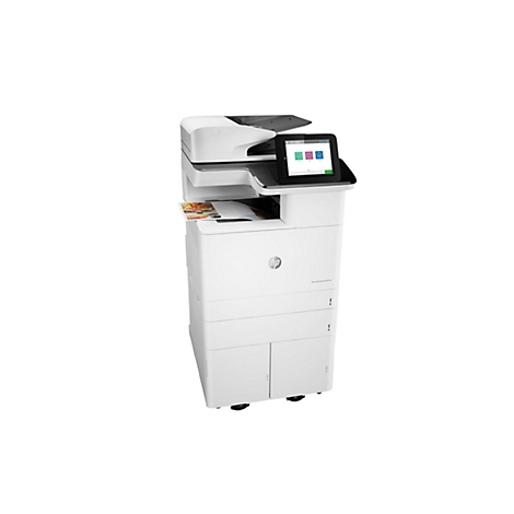 Ein weißer Drucker vor weißem Hintergrund. Auf dem Touchscreen werden Symbole angezeigt. Eine Seite liegt im Ausgabefach.
