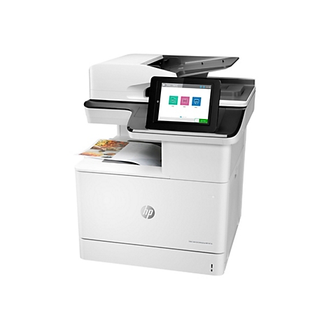 Weißer HP-Farblaserdrucker mit großem Touchscreen-Display. Ein Blatt Papier mit Essen liegt im Ausgabefach.