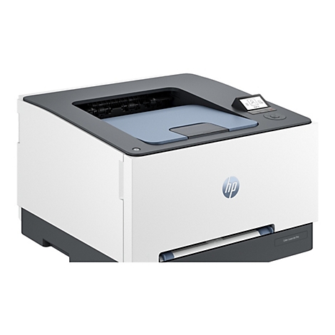 Weißer Drucker mit grau-schwarzem Deckel und Bedienfeld. Auf dem Gehäuse das HP-Logo.