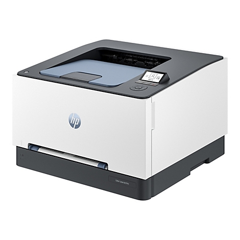 HP Color LaserJet Pro Drucker, weiß-grau; Bedienfeld zeigt „Anmelden“ an.