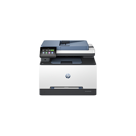 Ein weißer HP-Multifunktionsdrucker mit blauem Deckel und Bedienfeld.