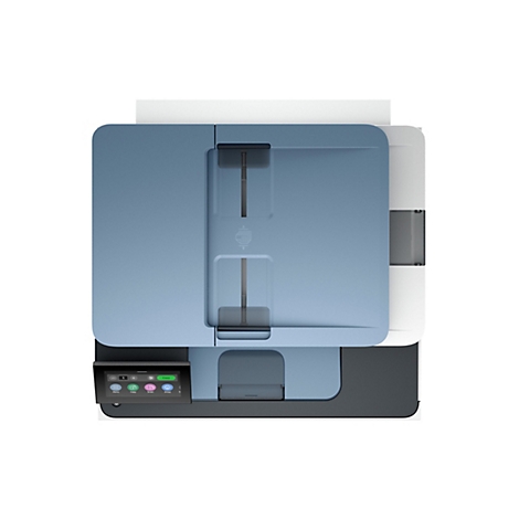 Draufsicht auf einen blauen Drucker mit Touchscreen. Knöpfe sind mit Menü, Kopieren, Scannen und Drucken beschriftet.