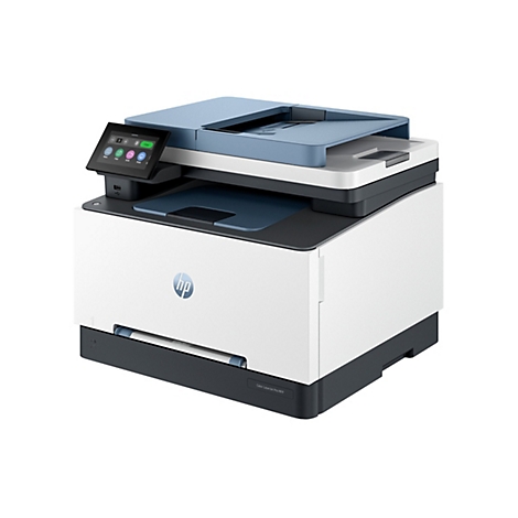 Ein weißer HP-Farblaserdrucker, blau abgesetzt, mit Touchscreen-Bedienfeld.