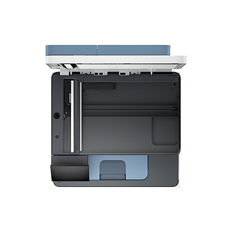 Draufsicht auf einen grauen Drucker mit einem blauen Deckel, der geöffnet ist. Verschiedene Elemente und Details sind zu sehen.
